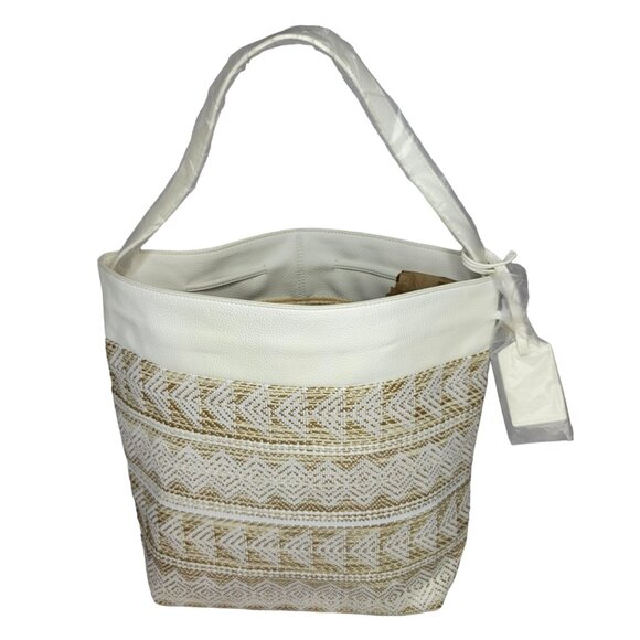 Estée Lauder Destinations Womens Shoulder Tote Bag White & Gold Rattan Woven NEW - Picture 1 of 11